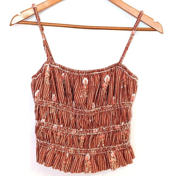 We The Free | Free People "Dolce Vita" Smocked Tank Top Brown Red | Size Small - Picture 7 of 12